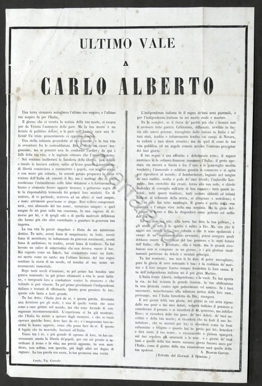 Ultimo vale a Carlo Alberto - Casale - 1849 - Estratto dal Giornale L'Opinione