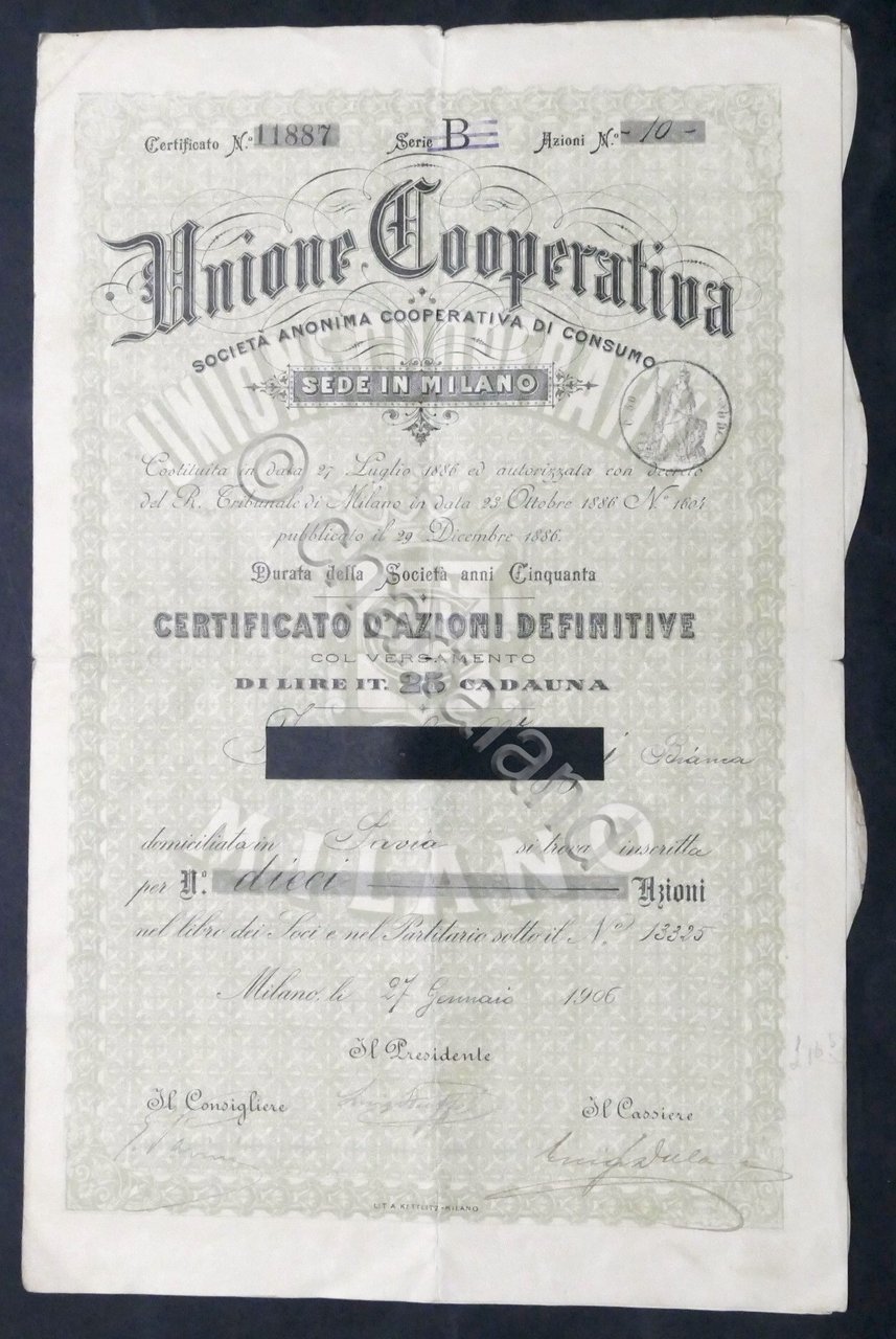 Unione Cooperativa Società di Consumo in Milano - Certificato Azionario …