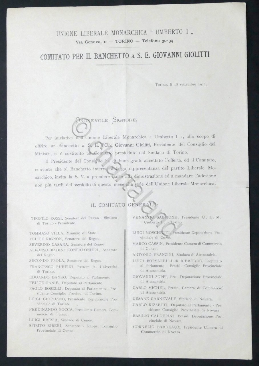Unione Liberale Monarchica - Comitato banchetto a S.E. Giovanni Giolitti …