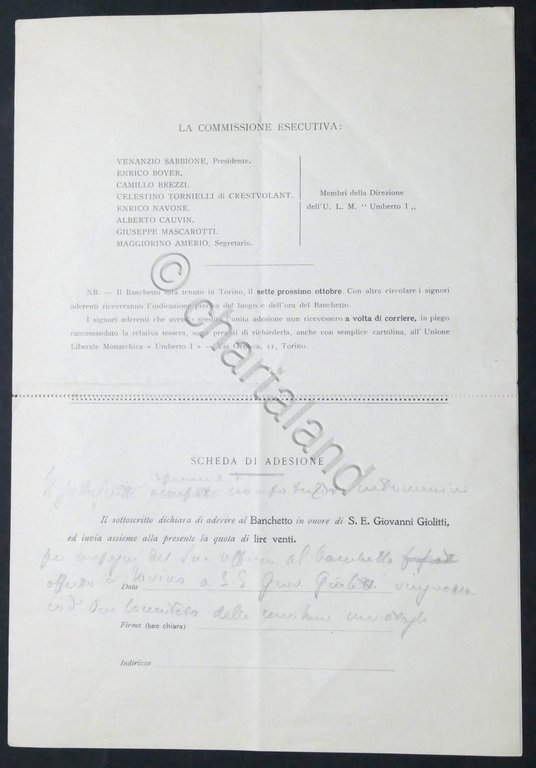 Unione Liberale Monarchica - Comitato banchetto a S.E. Giovanni Giolitti …