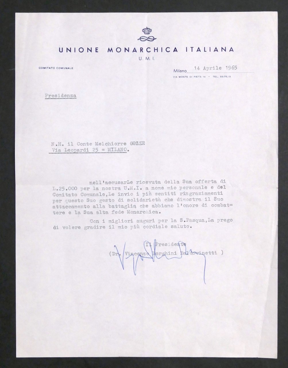 Unione Monarchica Italiana - Autografo Presidente V. Borghini Baldovinetti 1965