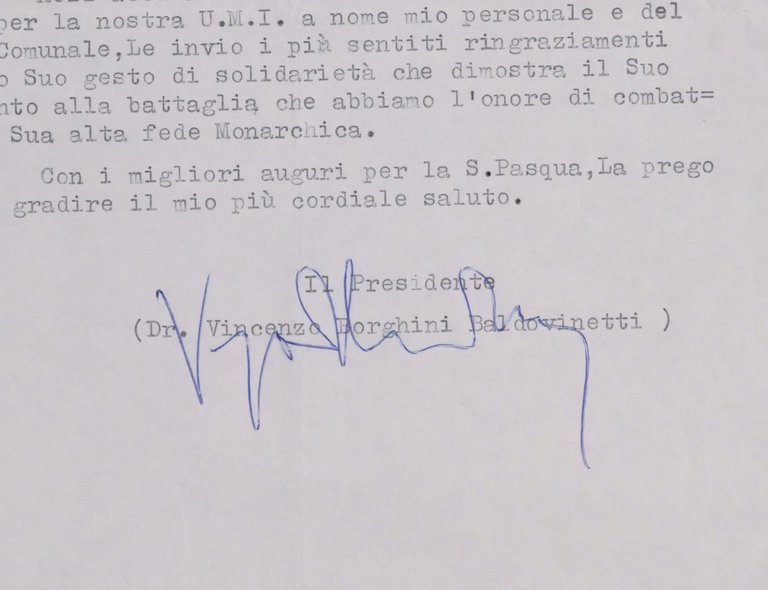 Unione Monarchica Italiana - Autografo Presidente V. Borghini Baldovinetti 1965