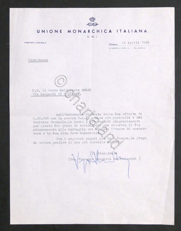 Unione Monarchica Italiana - Autografo Presidente V. Borghini Baldovinetti 1965