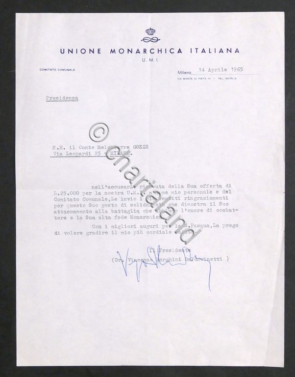 Unione Monarchica Italiana - Autografo Presidente V. Borghini Baldovinetti 1965