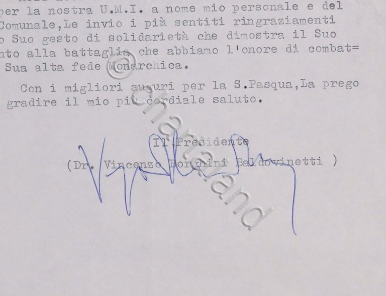 Unione Monarchica Italiana - Autografo Presidente V. Borghini Baldovinetti 1965