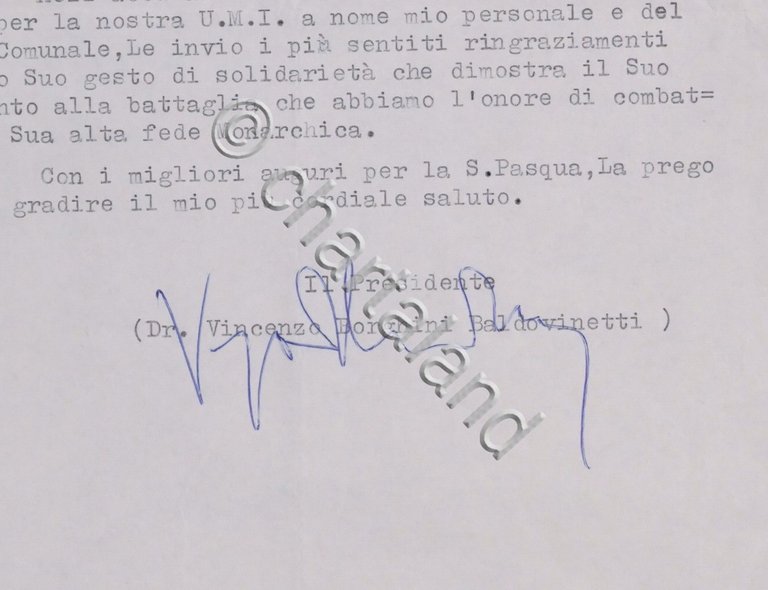 Unione Monarchica Italiana - Autografo Presidente V. Borghini Baldovinetti 1965