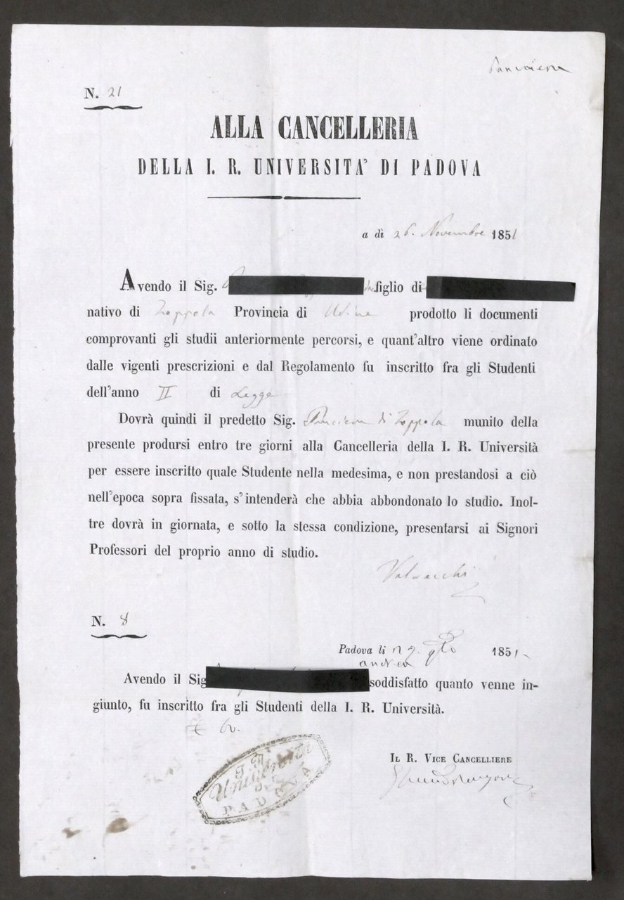Università di Padova - Certificato d'iscrizione anno secondo di Legge … | Immagine principale