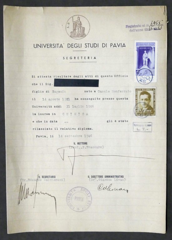 Università Pavia Attestato Laurea Chimica - Marca Bollo Capuani Due Lire - 1946