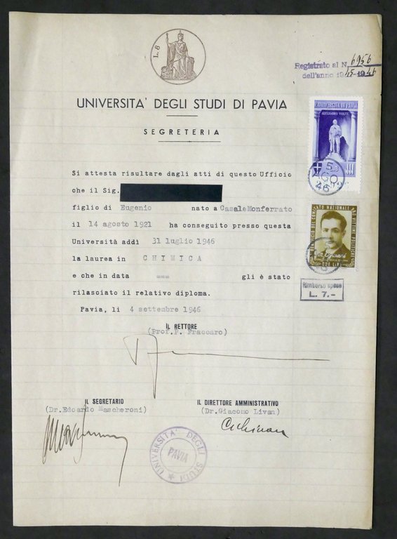 Università Pavia Attestato Laurea Chimica - Marca Bollo Capuani Lire 2 - 1946