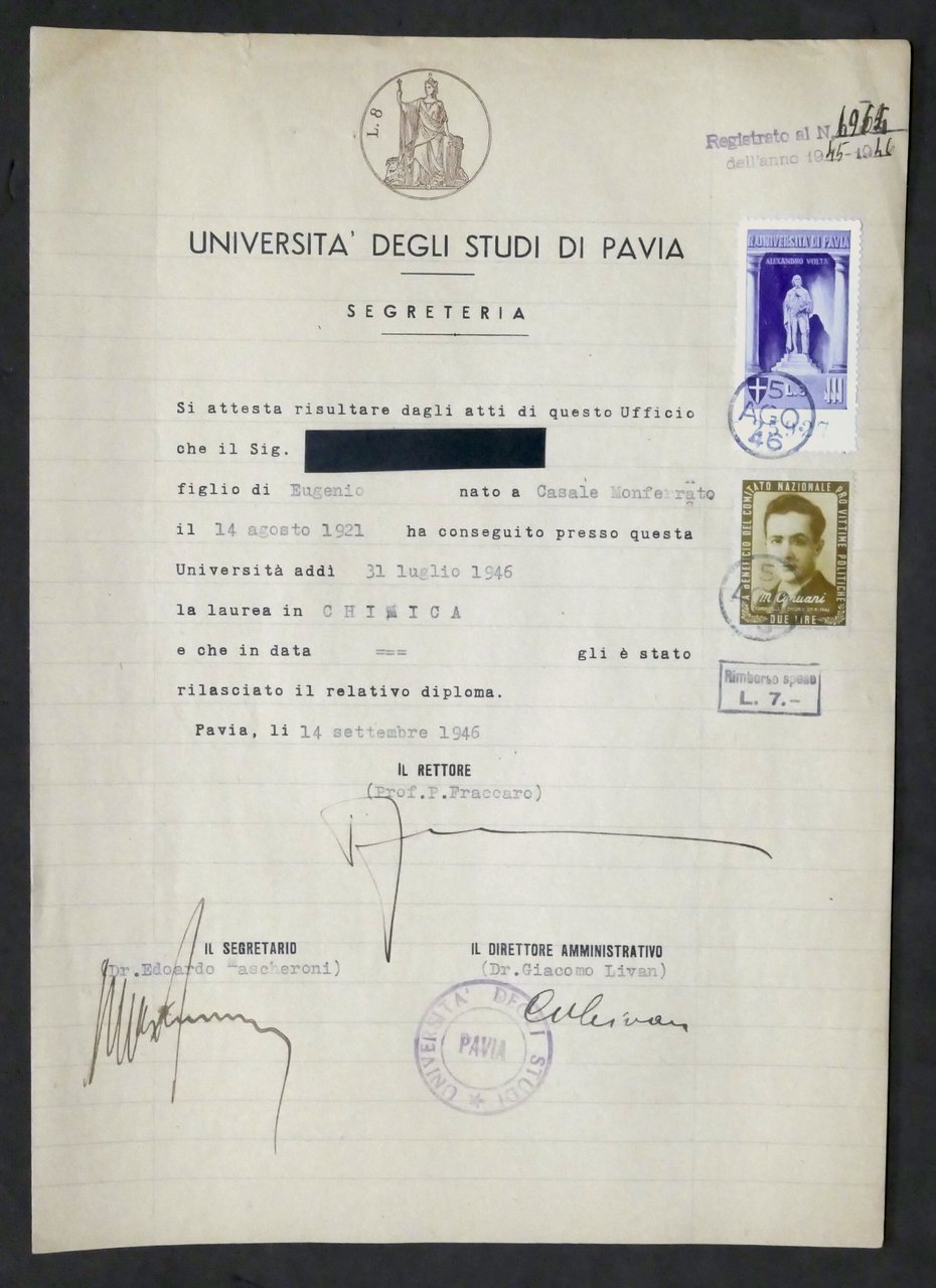 Università Pavia Attestato Laurea Chimica - Marca Bollo Capuani Lire …