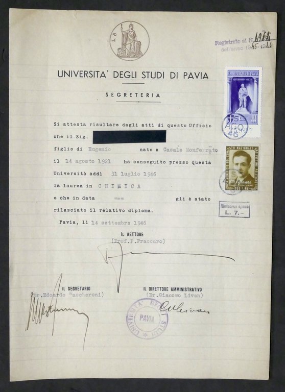 Università Pavia Attestato Laurea Chimica - Marca Bollo Capuani Lire Due - 1946