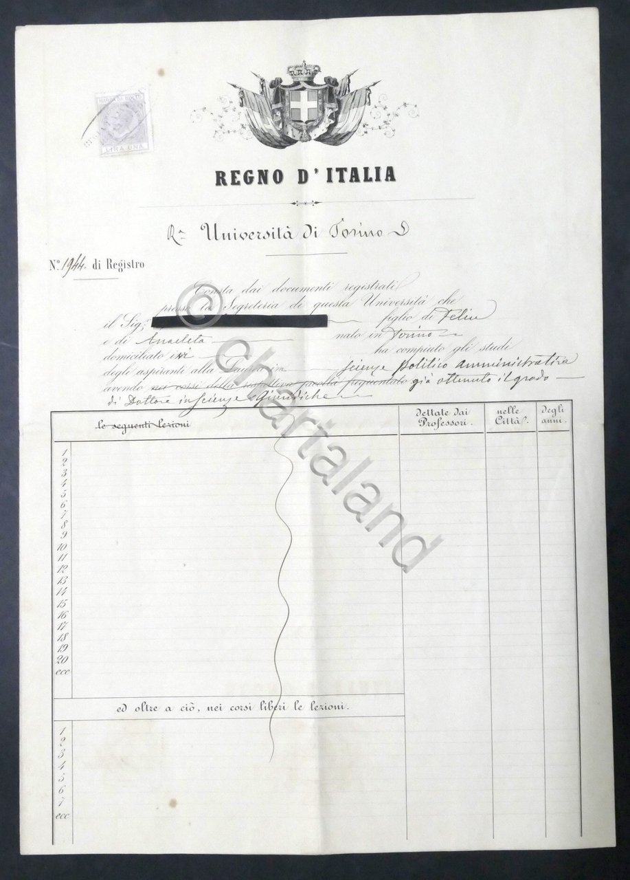 Università Torino Attestato di promozione esami speciali Scienze Politiche 1866