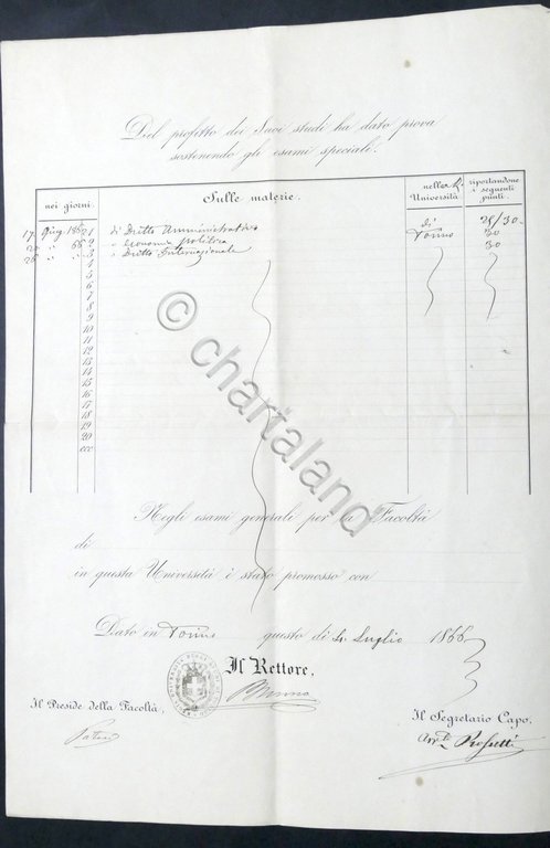 Università Torino Attestato di promozione esami speciali Scienze Politiche 1866
