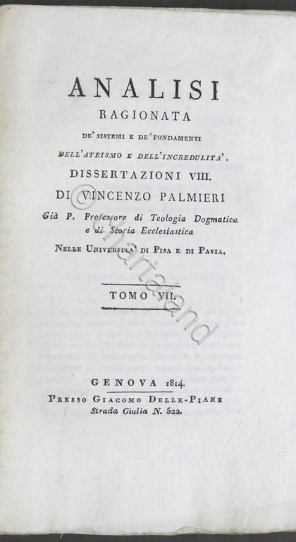 V. Palmieri - Analisi ragionata dell'ateismo e dell'incredulità - 1811 …