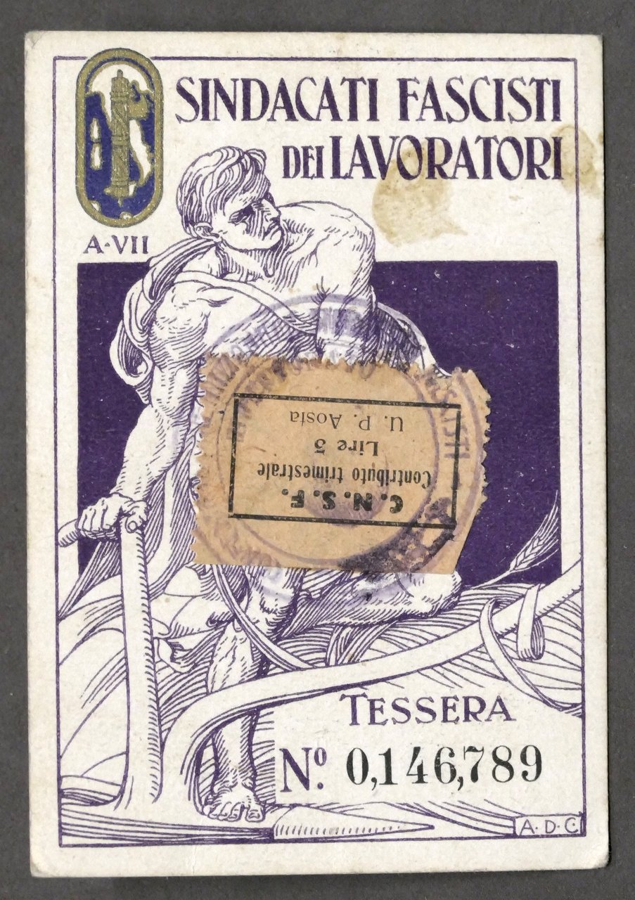 Ventennio - Tessera Sindacati dei Lavoratori - Sezione di Aosta …