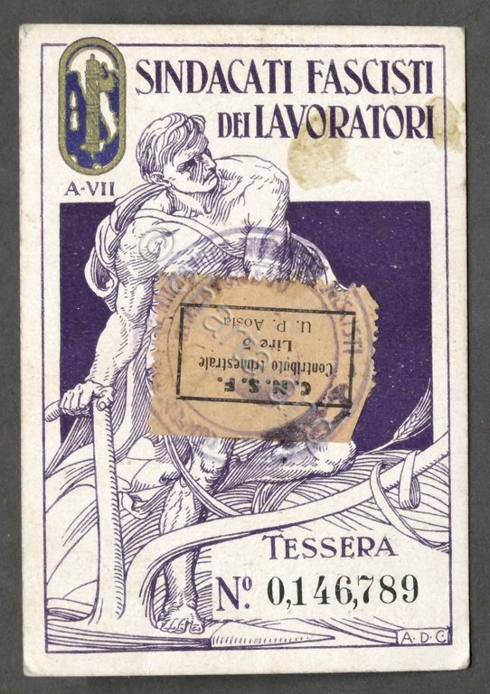 Ventennio - Tessera Sindacati dei Lavoratori - Sezione di Aosta …