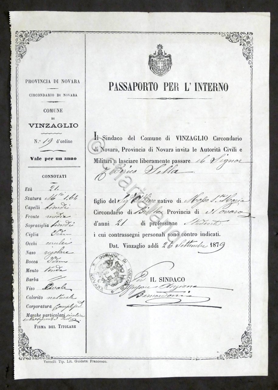 Vinzaglio - Passaporto per l'interno di Federico Sella - 1879
