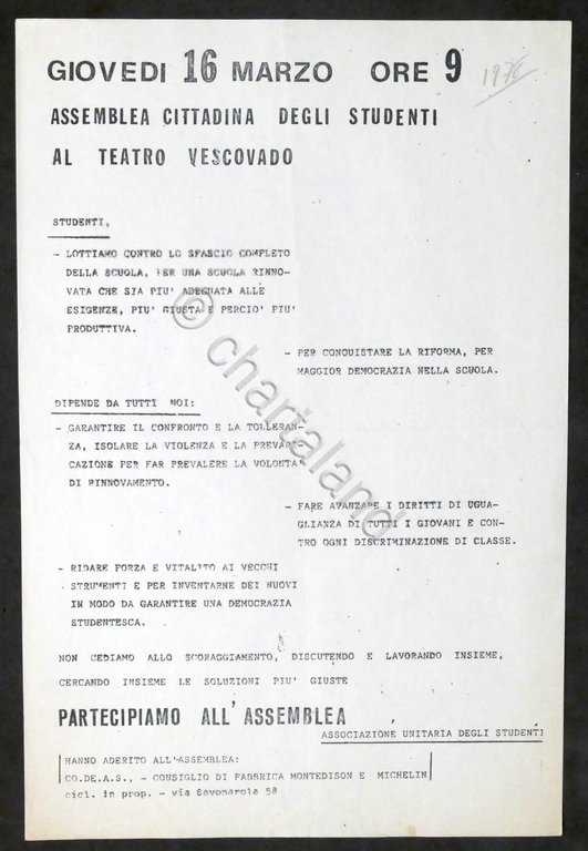 Volantino Associazione Unitaria degli Studenti di Alessandria - Assemblea - …