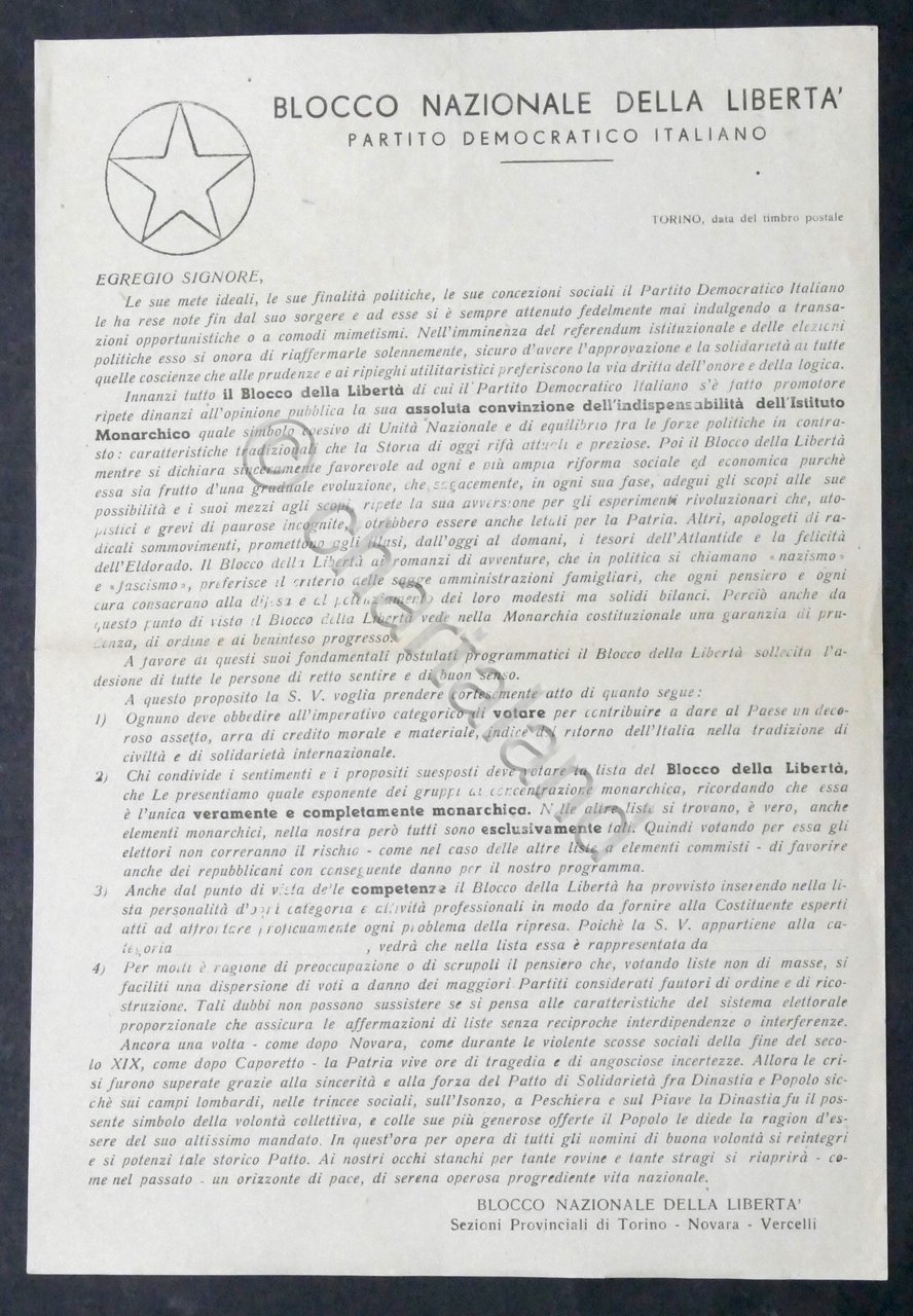 Volantino Blocco Nazionale della Libertà (Monarchici) Elezioni / Referendum 1946