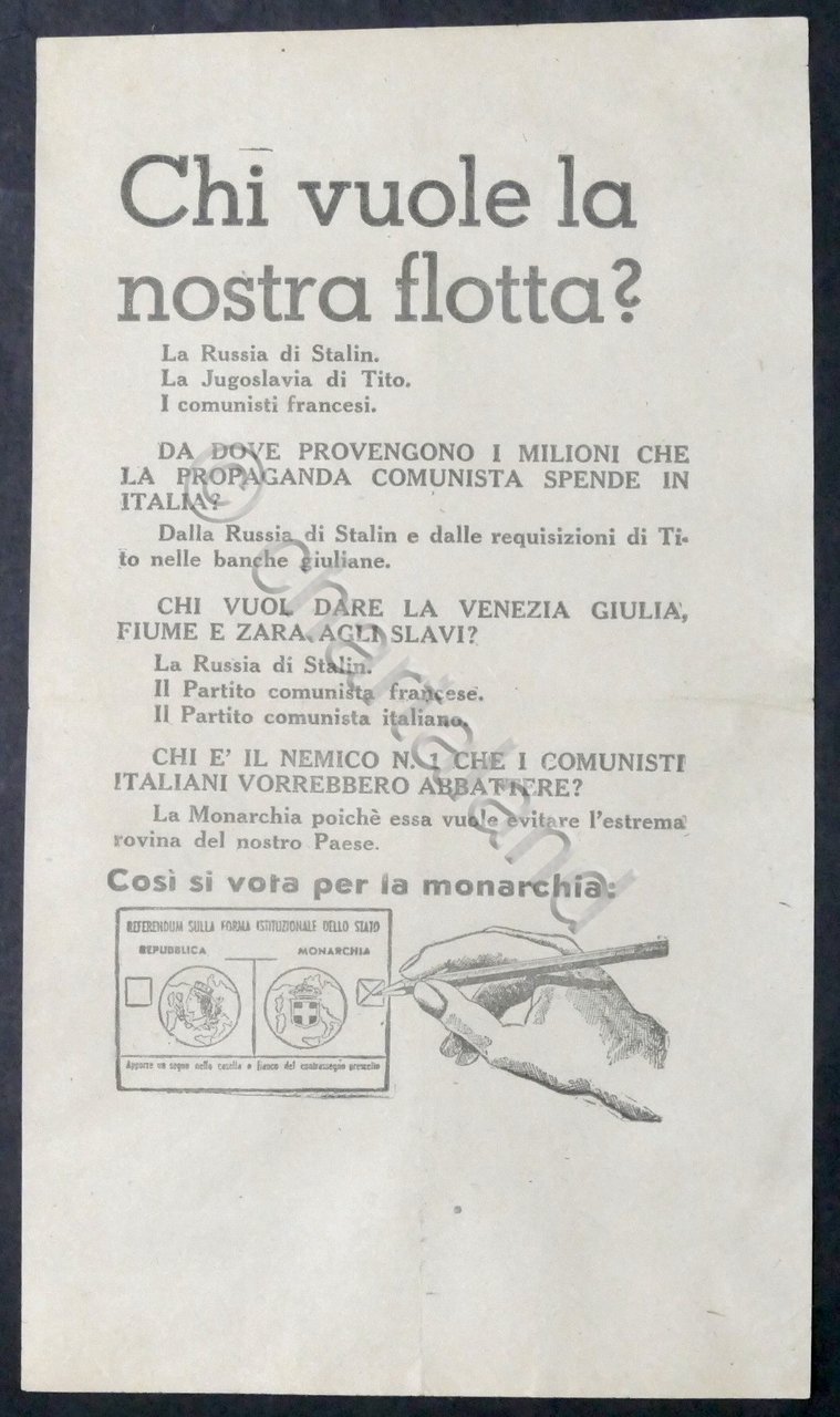 Volantino Blocco Nazionale della Libertà (Monarchici) Propaganda Referendum 1946
