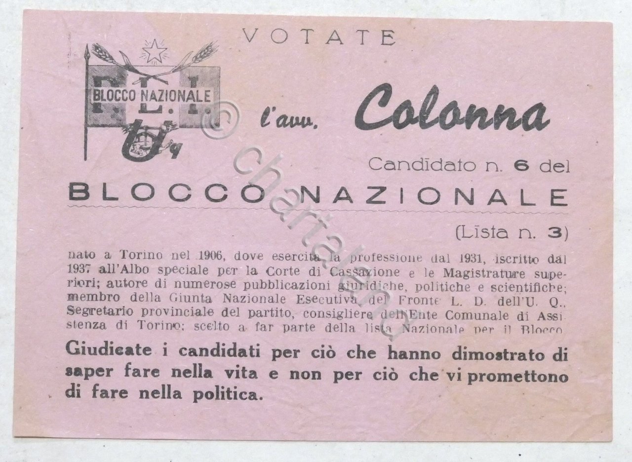 Volantino Blocco Nazionale P.L.I. - Votate l'avv. Colonna - Elezioni …