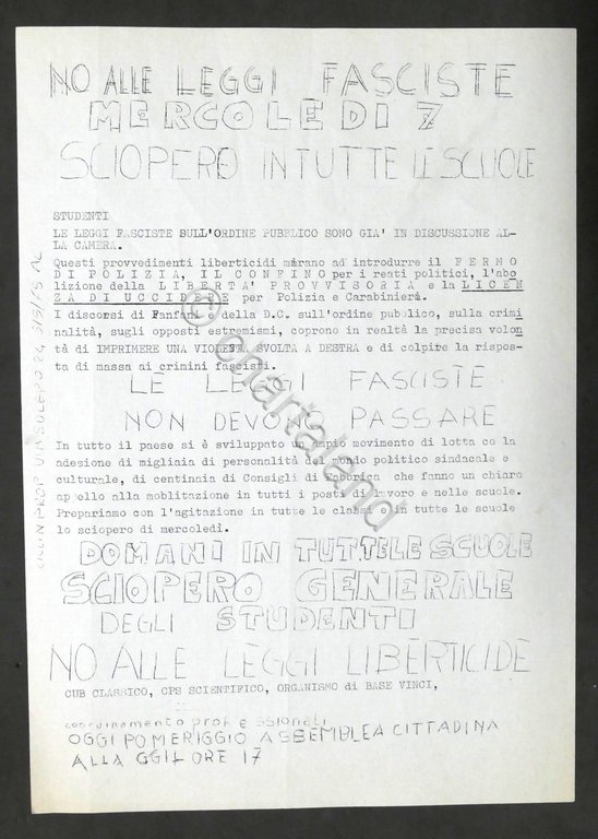 Volantino Collettivi Studenteschi - Sciopero Generale degli Studenti - 1975