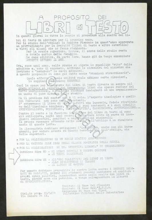 Volantino Comitati Istituti Studenteschi di Alessandria - Libri di Testo …