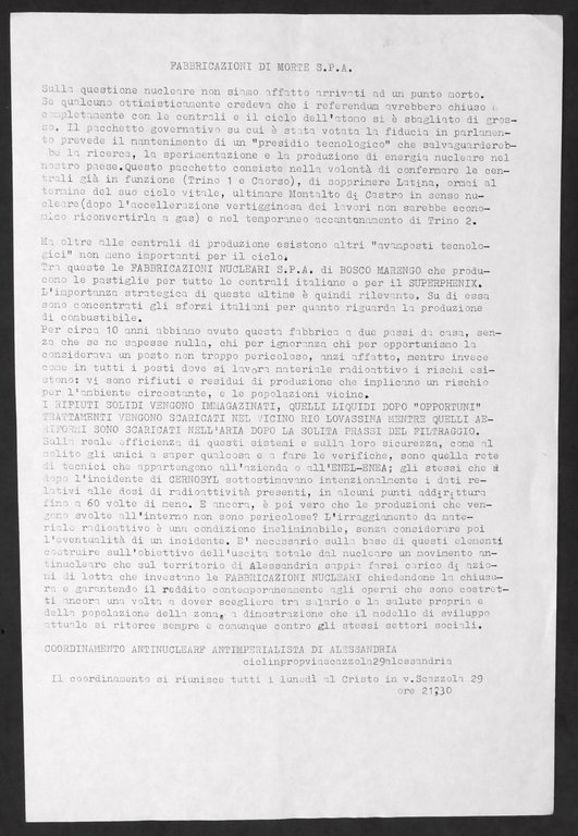 Volantino Coordinamento Antinucleare Antimperialista di Alessandria - anni '80 | Immagine Gallery 1