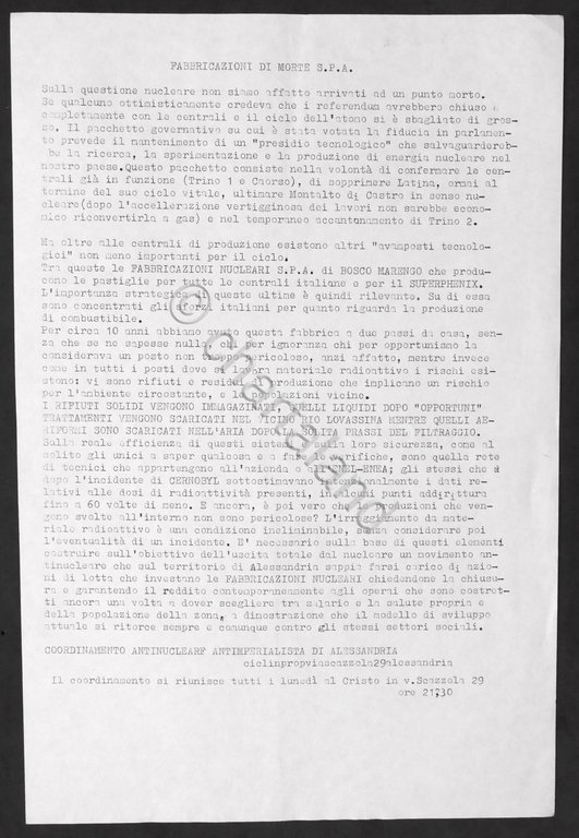 Volantino Coordinamento Antinucleare Antimperialista di Alessandria - anni '80