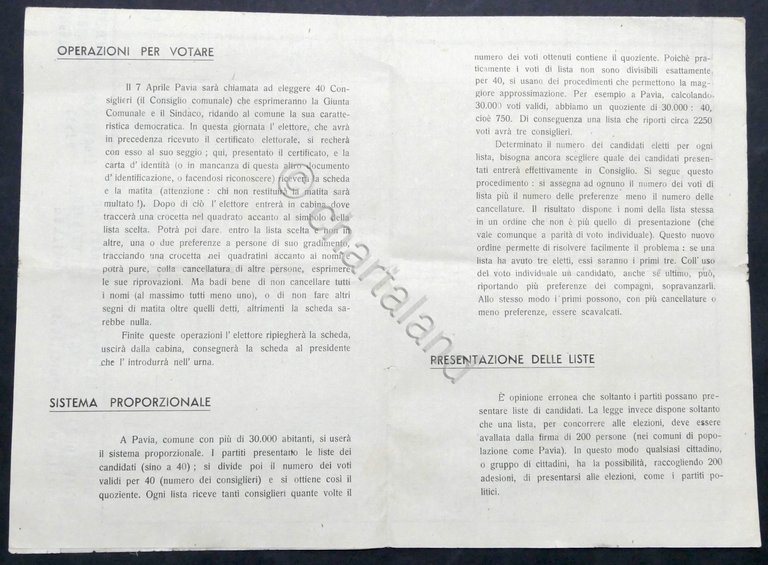 Volantino Elezioni Amministrative 1946 - Come si vota a Pavia …