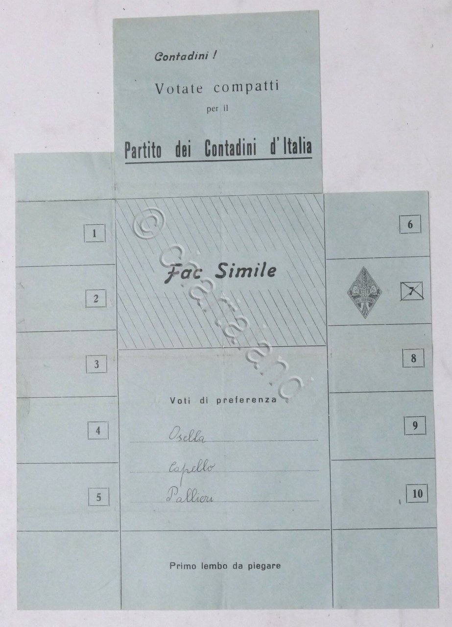 Volantino fac-simile Partito dei Contadini d'Italia - Elezioni politiche 1946