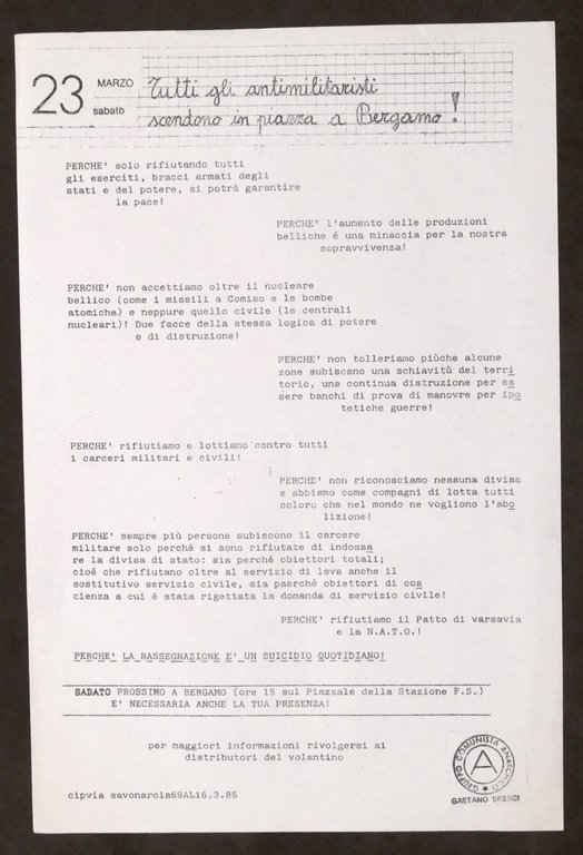 Volantino Gruppo Comunista Anarchico G. Bresci - Antimilitaristi a Bergamo 1985