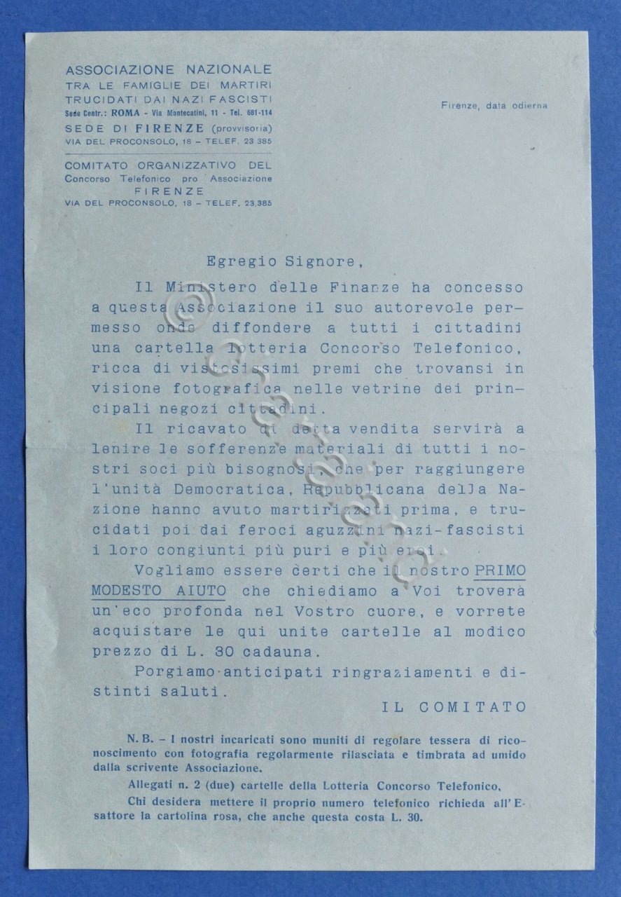 Volantino Lotteria Ass. Nazionale Martiri Trucidati dai Nazi Fascisti - …