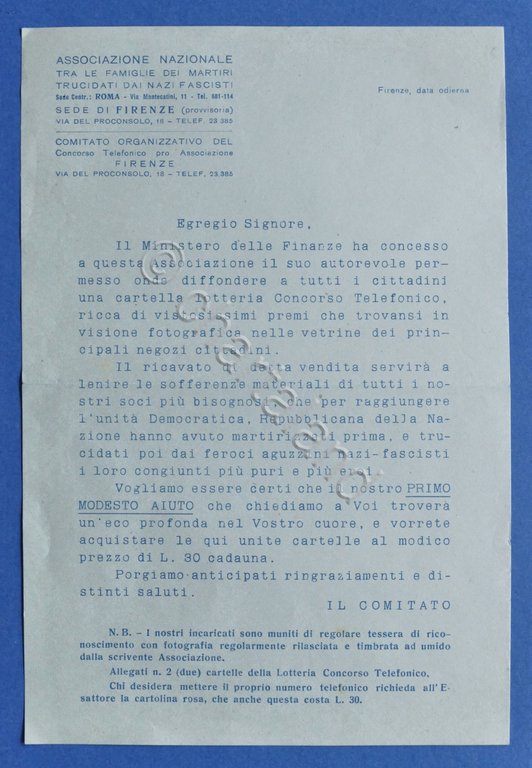 Volantino Lotteria Ass. Nazionale Martiri Trucidati dai Nazi Fascisti - 1950 ca.