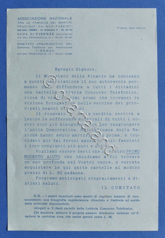 Volantino Lotteria Ass. Nazionale Martiri Trucidati dai Nazi Fascisti - …