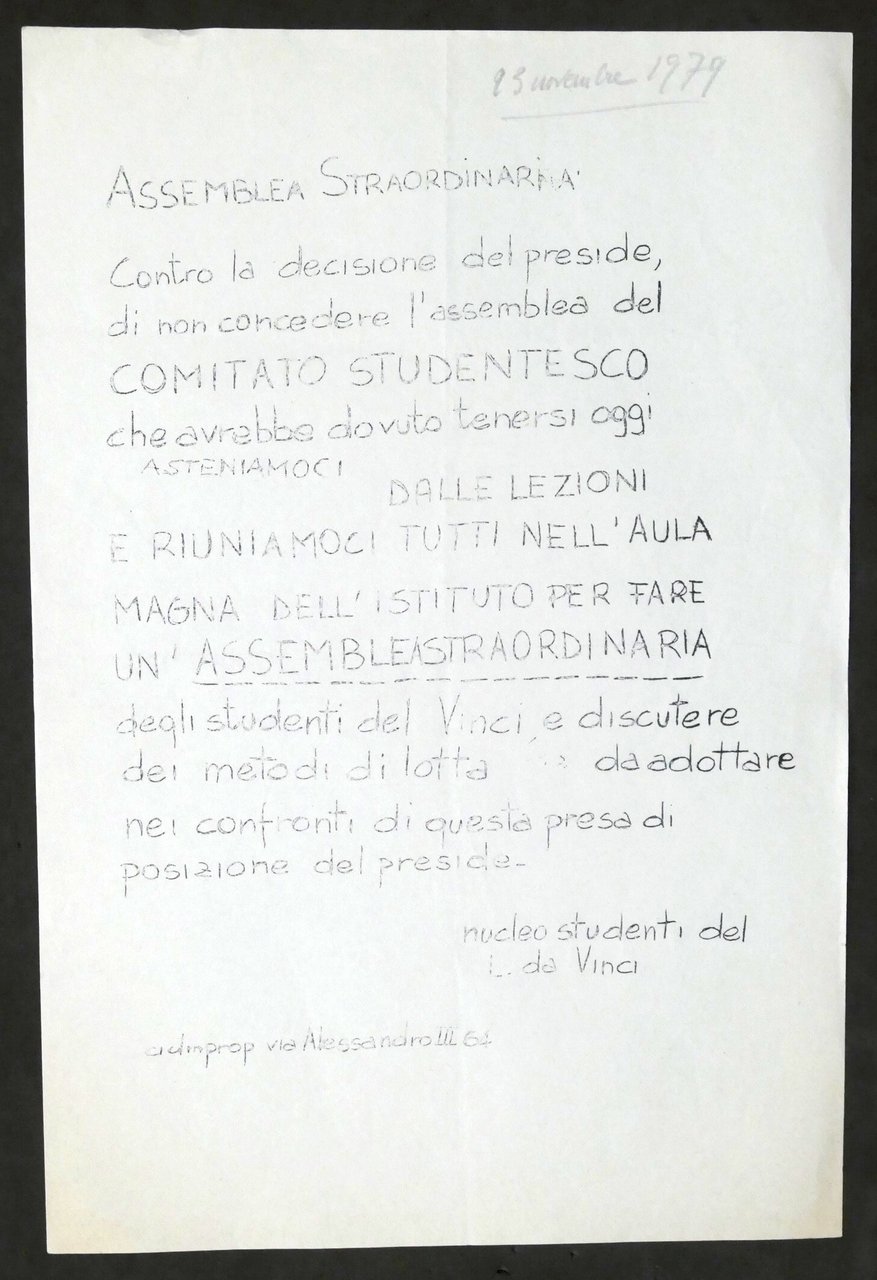 Volantino Nucleo Studenti del Vinci di Alessandria Assemblea Straordinaria 1979