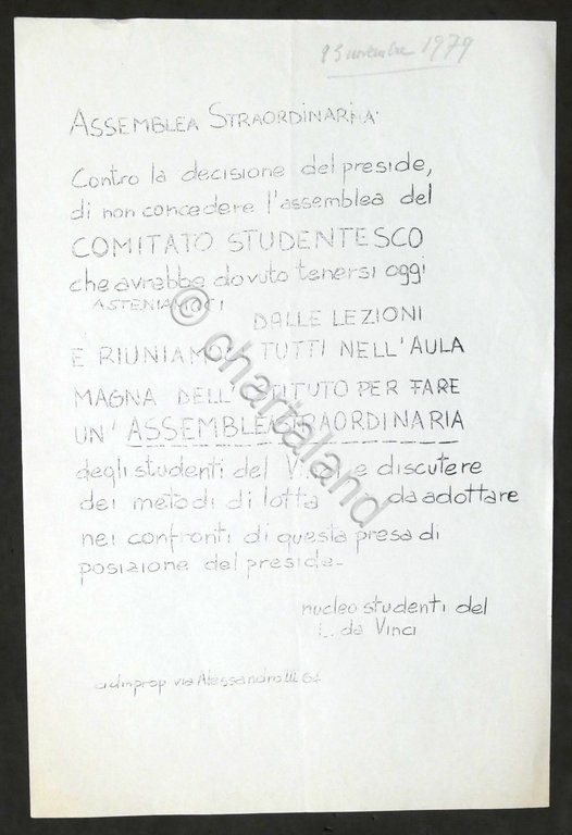 Volantino Nucleo Studenti del Vinci di Alessandria Assemblea Straordinaria 1979