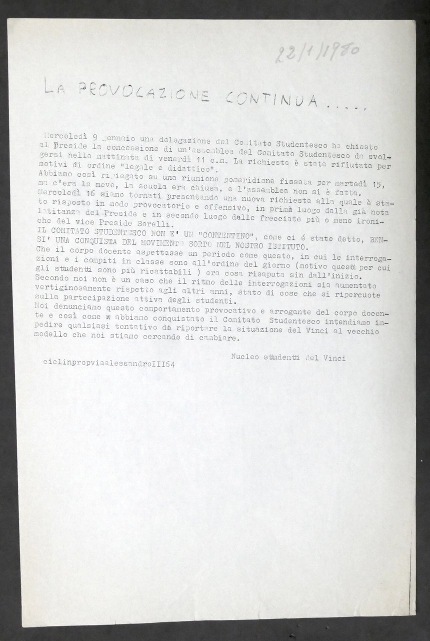 Volantino Nucleo Studenti del Vinci di Alessandria La provocazione continua …