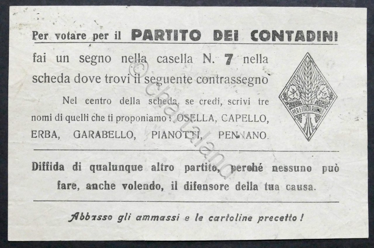 Volantino Partito dei Contadini d'Italia - Elezioni Assemblea Costituente 1946