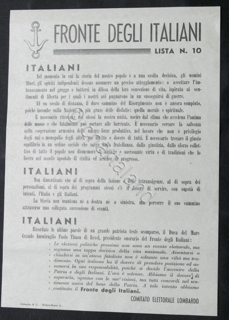 Volantino partito Fronte degli Italiani (Paolo Thaon di Revel) - …