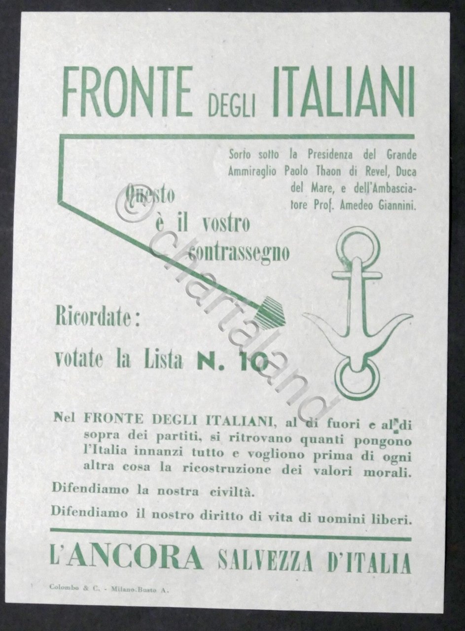 Volantino partito Fronte degli Italiani (Paolo Thaon di Revel) Elezioni …