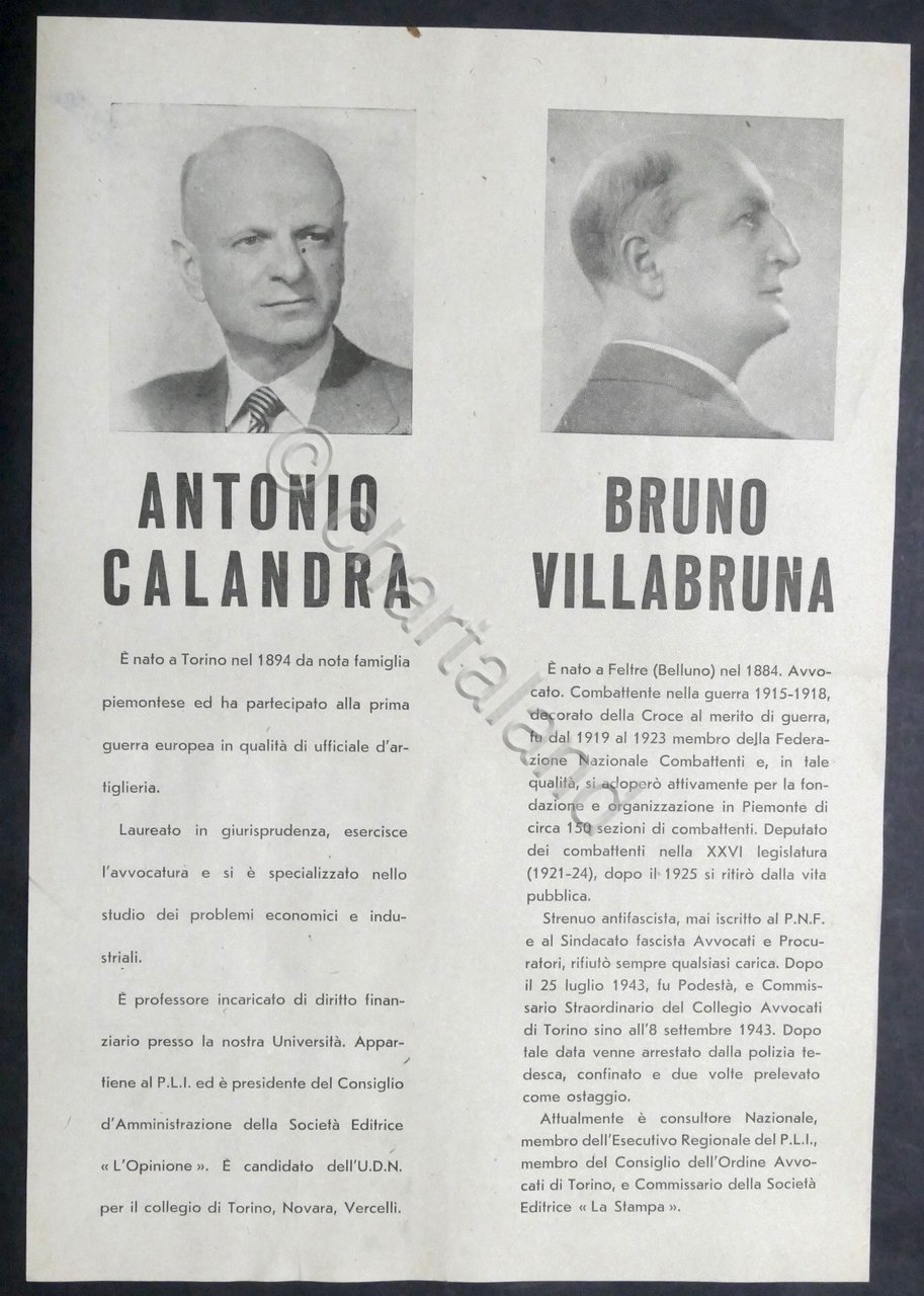 Volantino Partito Liberale Italiano Elezioni Politiche 1948 Calandra Villabruna