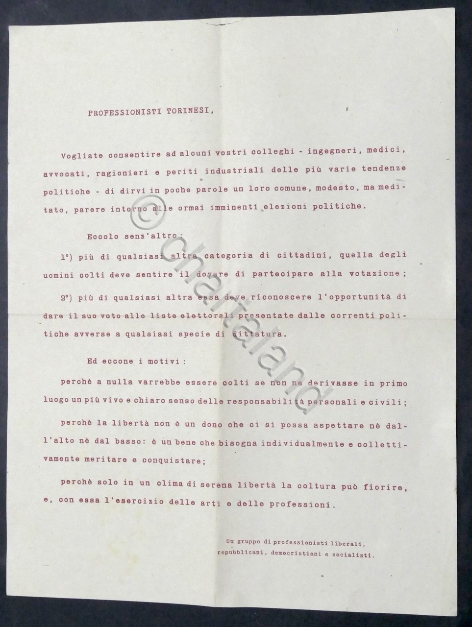 Volantino Professionisti Torinesi democristiani socialisti - Elezioni 1948