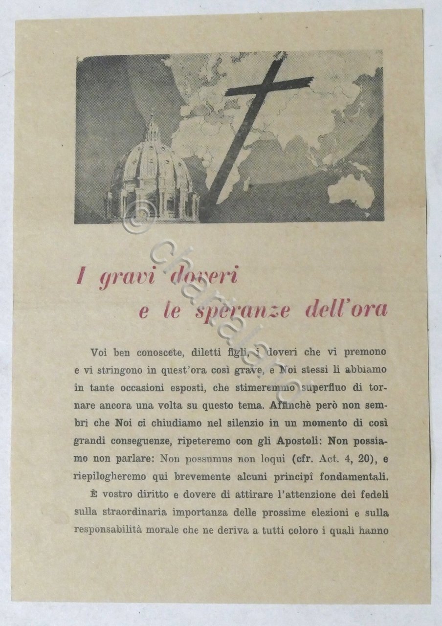 Volantino propaganda cattolica per le votazioni delle Elezioni Politiche 1948