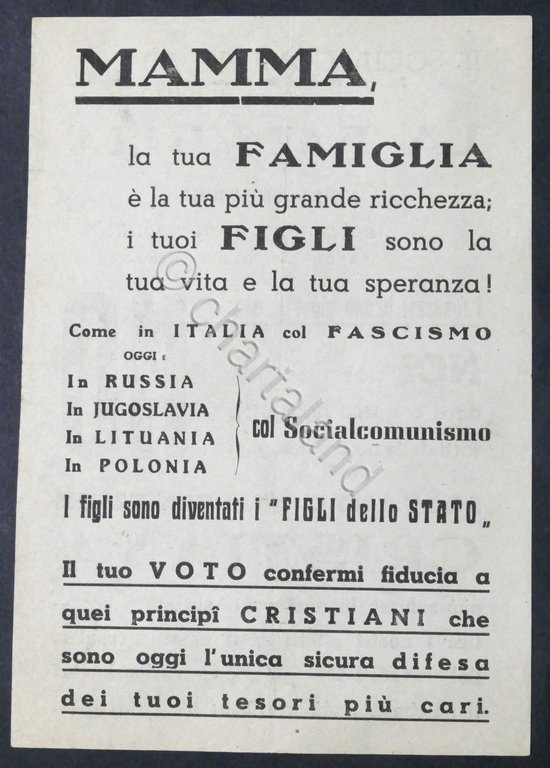Volantino propaganda contro il socialcomunismo - Elezioni Politiche 1948
