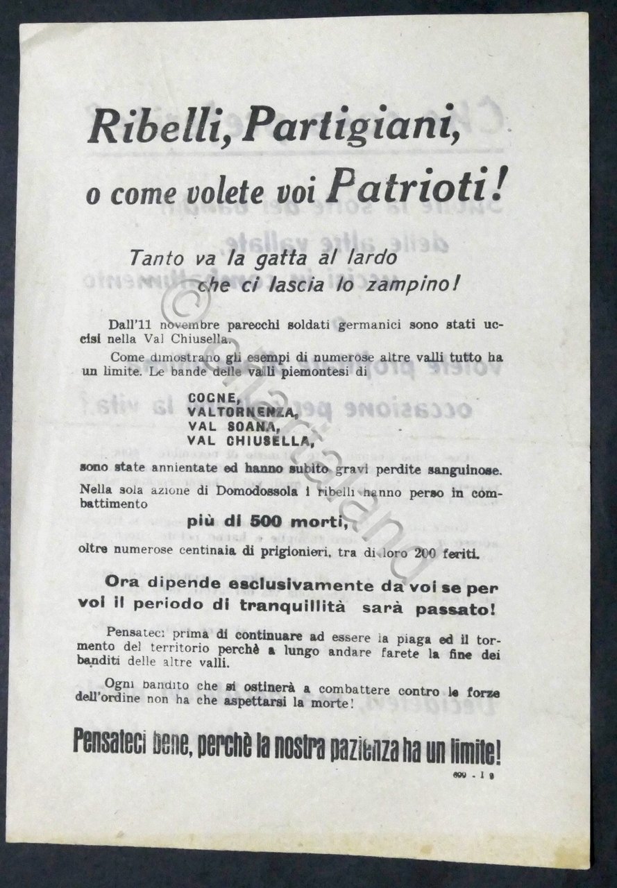 Volantino RSI - Propaganda contro i Partigiani di Piemonte e …
