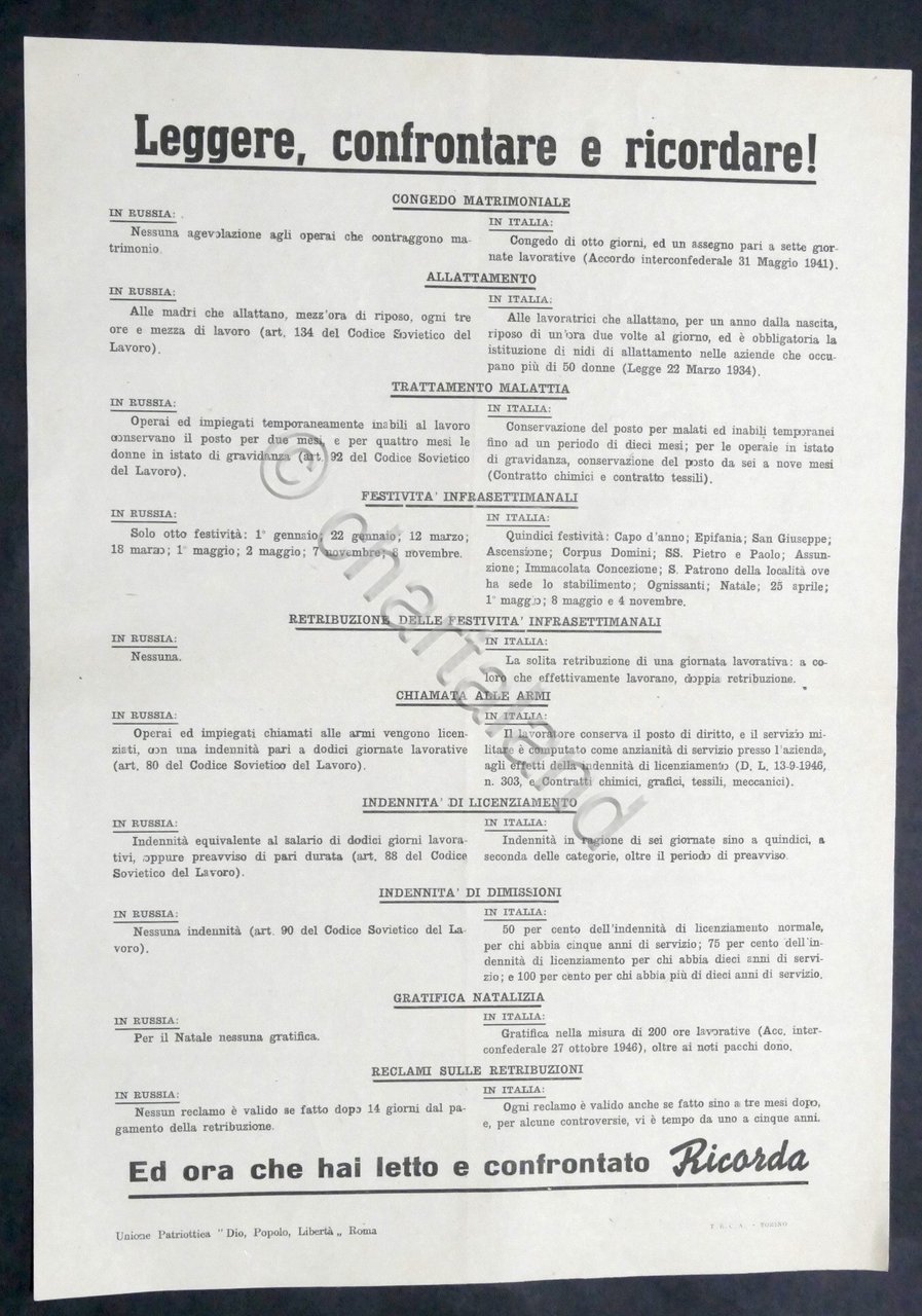 Volantino Unione Patriottica Dio Popolo Libertà - 1947 ca.
