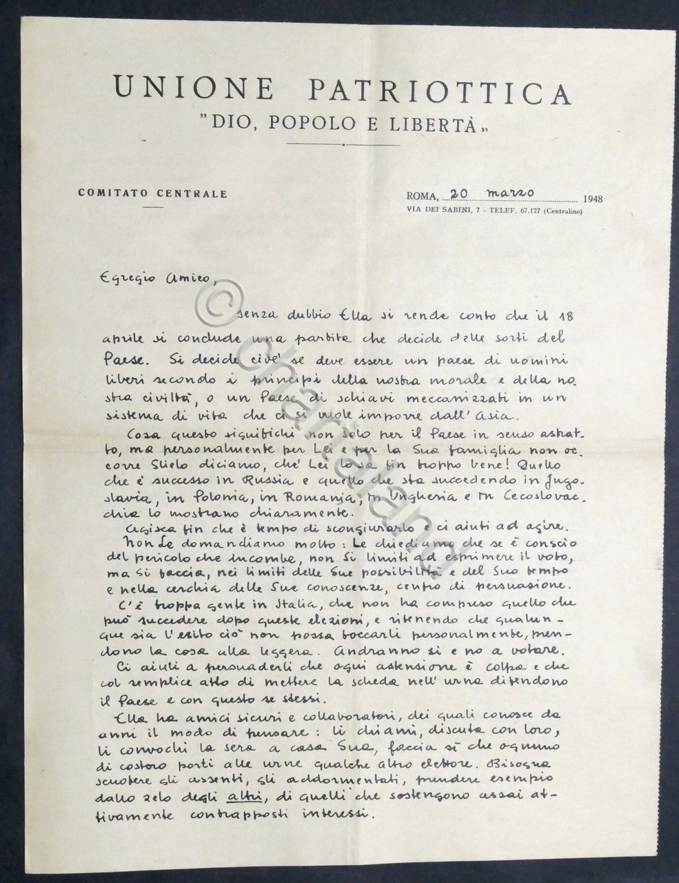 Volantino Unione Patriottica Dio Popolo Libertà - Elezioni Politiche 1948