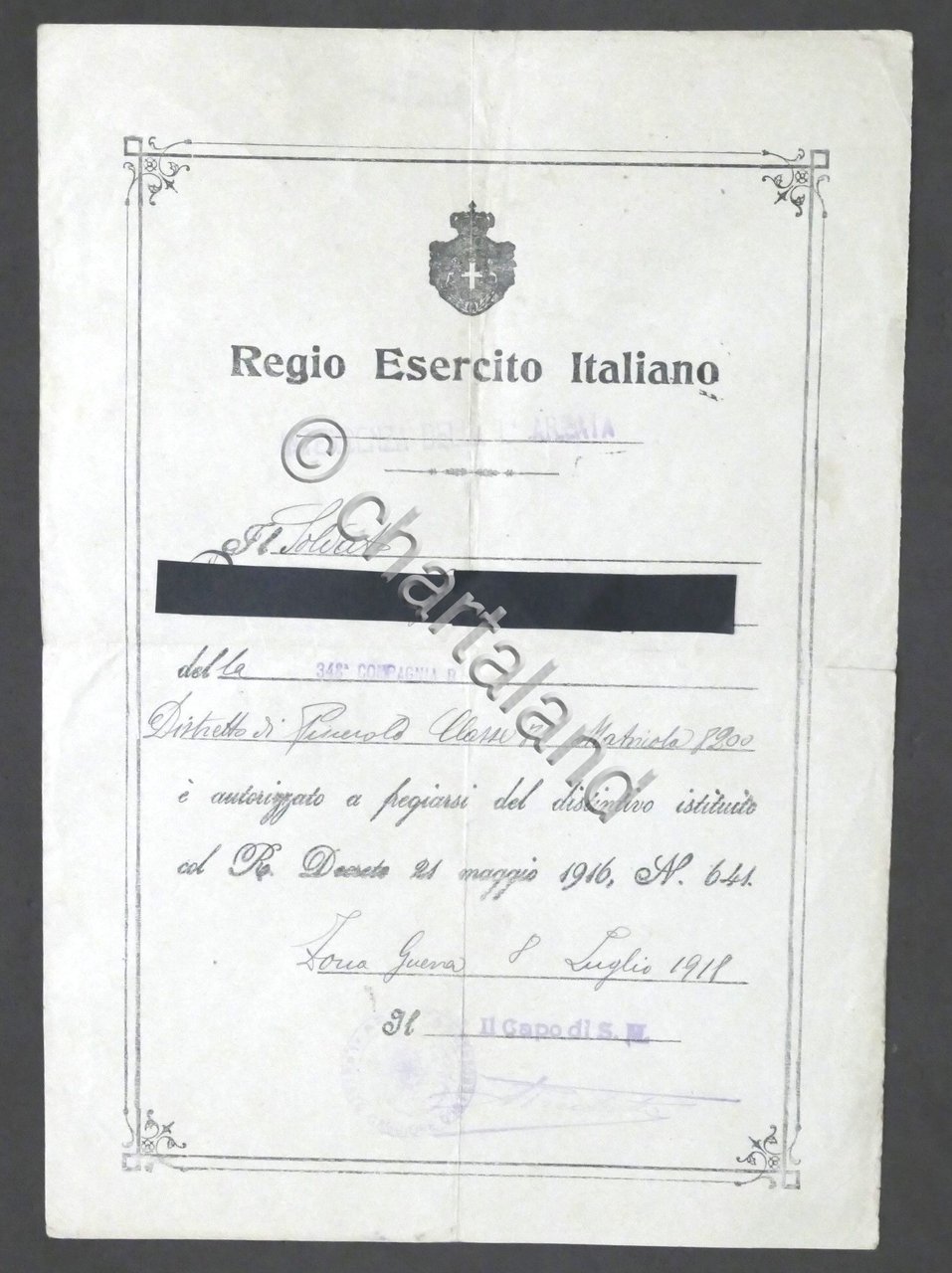 WWI - Attestato autorizzazione a fregiarsi del Distintivo Zona Guerra …