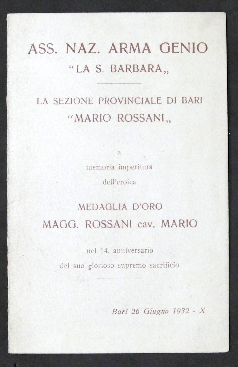 WWI - Biglietto Commemorativo in memoria Medaglia d'Oro Mario Rossani …
